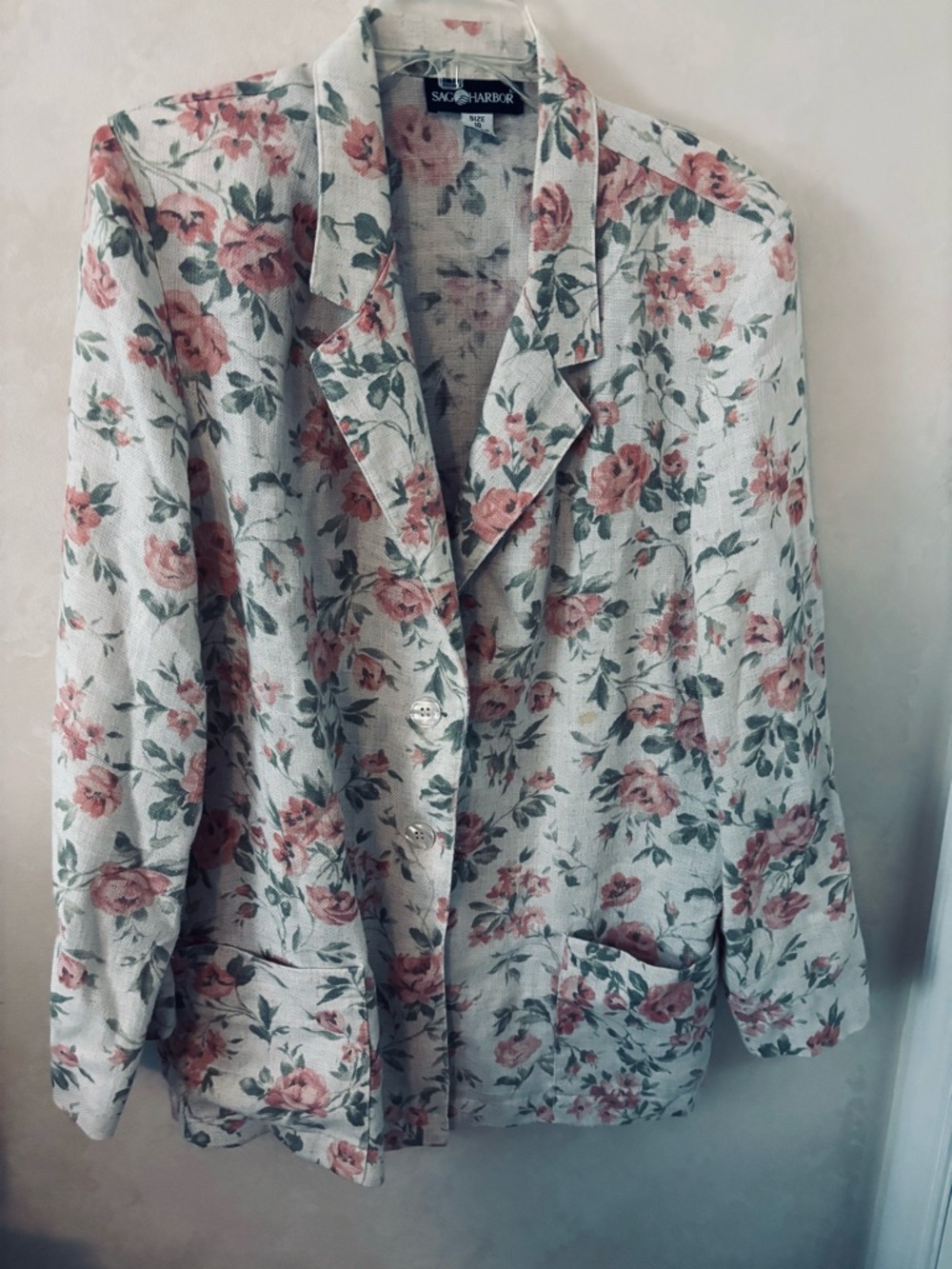 Vintage Sag Harbor Floral Linen Blend Blazer Jacket, Size 18
